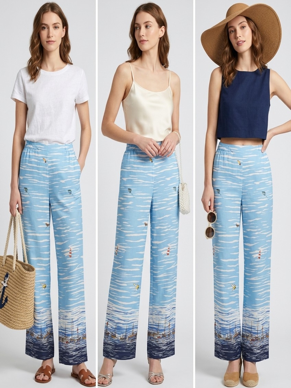 Sky Blue Wide-Leg Printed Pants